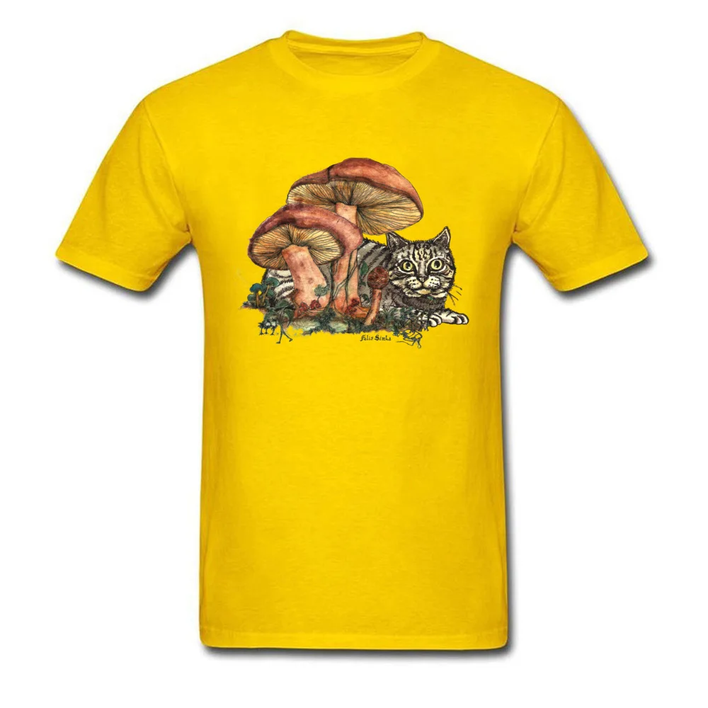 Mushroom and Cat NEW YEAR DAY Cotton Crew Neck Tops & Tees Short Sleeve Crazy Tee-Shirt 2018 New Fashion Comics T-Shirt Mushroom and Cat yellow