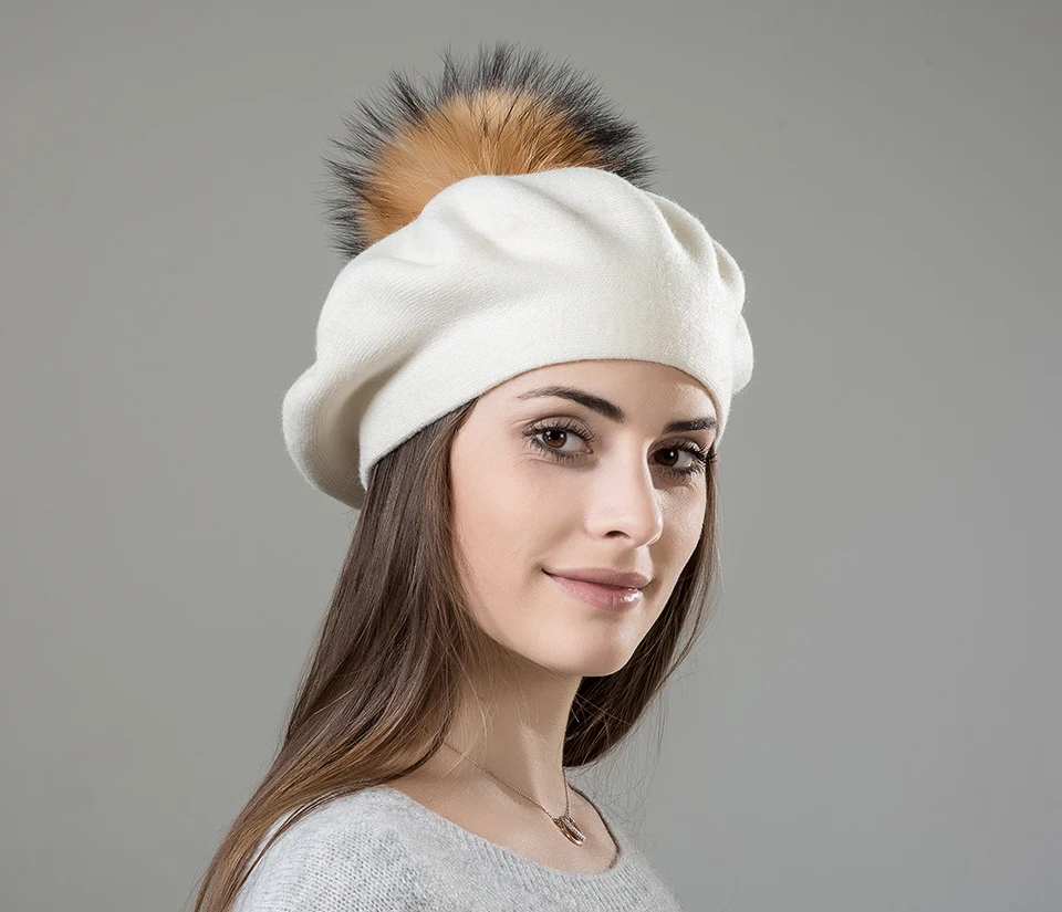 Women Beret Wool Hat Winter Knitted Wool Berets Real Fur Pompom Hats Beanies Female Top Quality Beret Cap (3)