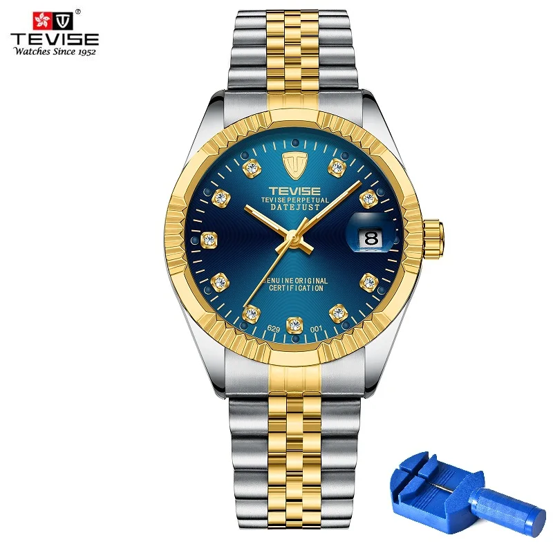 Мужские часы TEVISE 629, автоматические часы, водонепроницаемые деловые механические мужские часы с датой, бриллиантовые светящиеся наручные часы - Цвет: Gold Blue Tool
