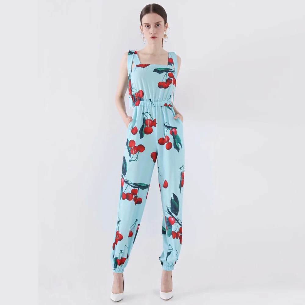 

Red RoosaRosee Runway Designer Women's Bodysuits Floral Print Elastic Waist Slim Elegant Spaghetti Strap Jumpsuits Female New