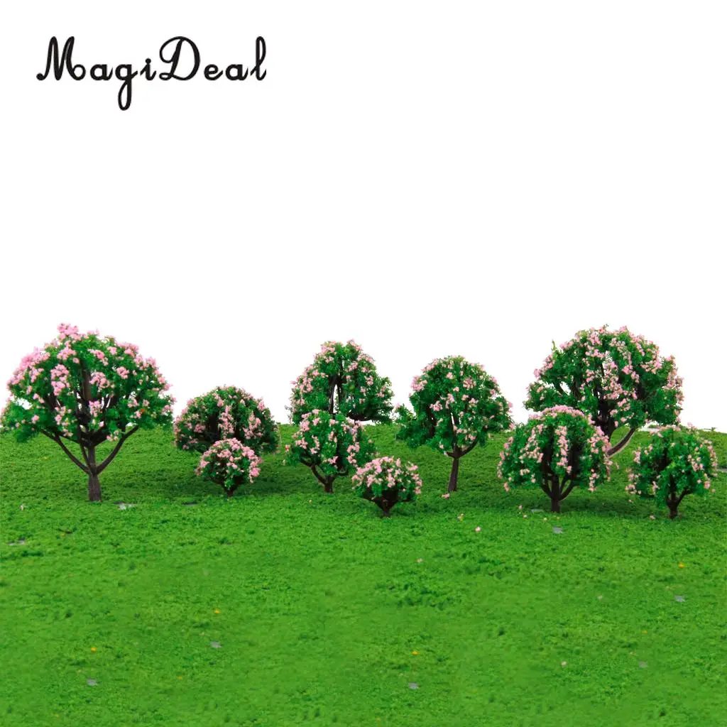 MagiDeal  5Sizes 10Pcs Plastic Model Tree with Pink Flower for Railroad Railway Train Track Home Garden Building Layout Diorama