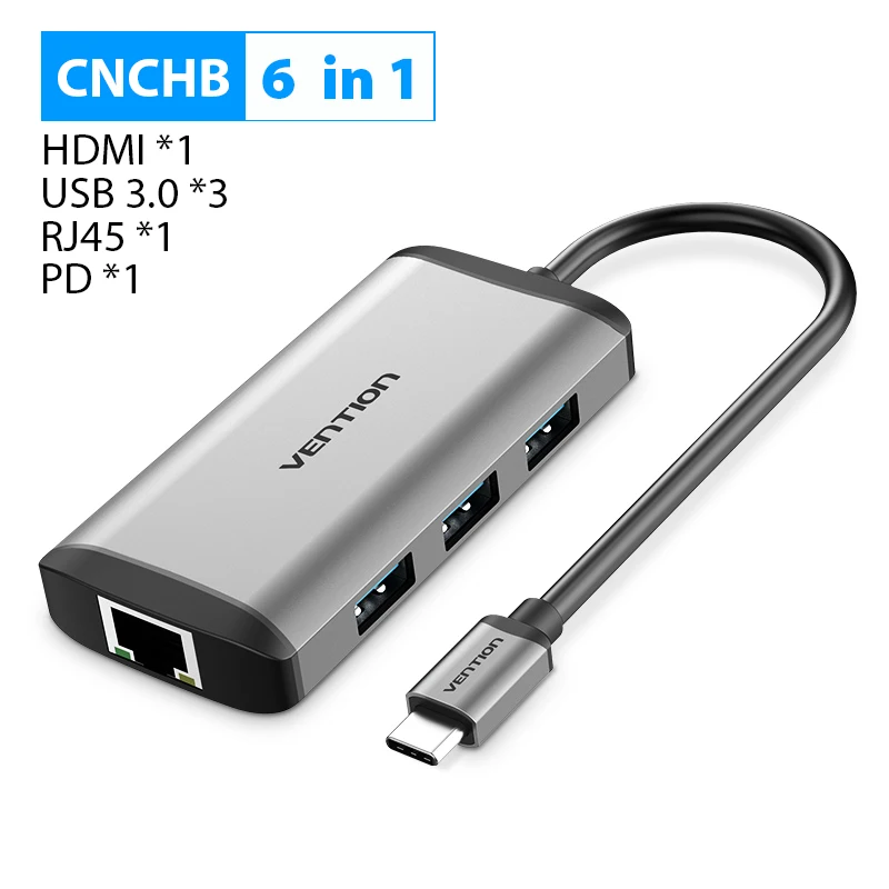 Vention Thunderbolt 3 док-станция USB 3,0 type C к HDMI usb-хаб RJ45 адаптер для MacBook Pro huawei P30/P20 samsung usb c адаптер - Color: CNC 6 in 1 Style