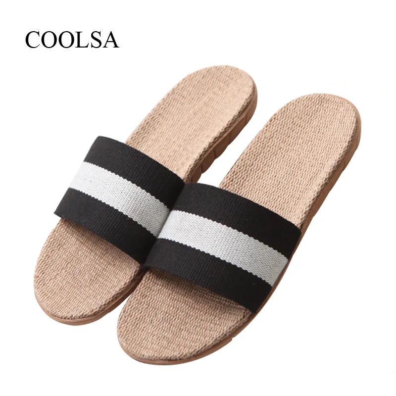 

COOLSA Men's Spring Striped Linen Slippers Non-slip Flat Flax Slippers Fashion Beach Flip Flops Hemp Flat Home Slippers Slides