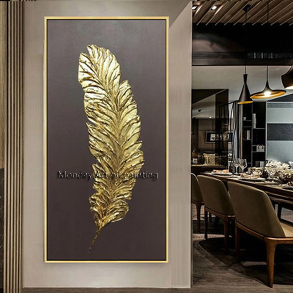 

Newest 100% Hand painted abstract golden oil painting for living room abstract golden feathers painting wall pictures on canvas