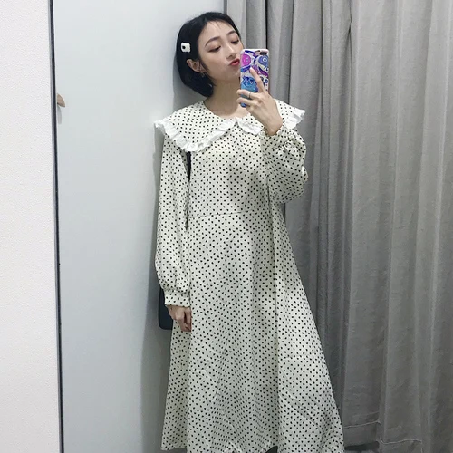 

long Sleeve Peter Pan Collar Heart Printed Loose Lace Patchwork Girl Sweet Cute 2019 New Spring Thin Female Dresses