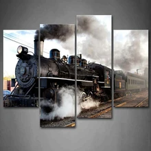 Модульная картина художественный плакат на холсте картина рамка 4 панели автомобильный поезд с серым дымком паровые поезда стены для гостиной HD печать