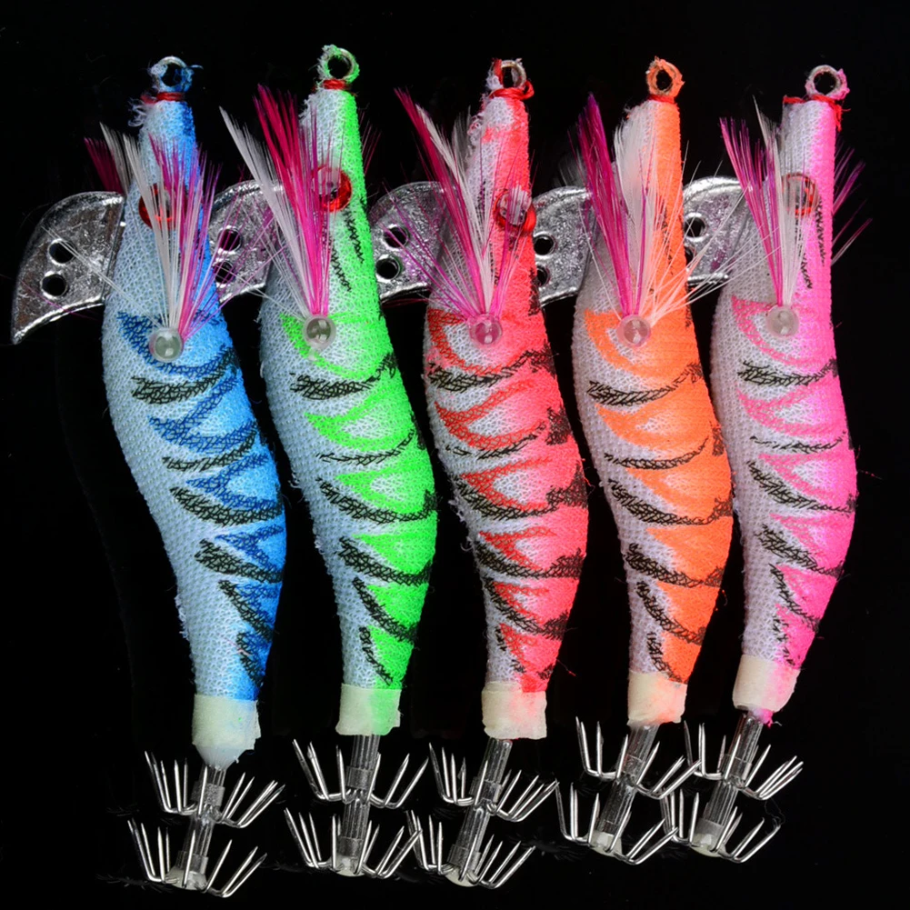 

5pcs 8cm 7.2g Hard Squid Jigs Accessory Tackle Luminous Saltwater Fishing Lure 3D Eyes Artificial Shrimp Bright Colors Lifelike
