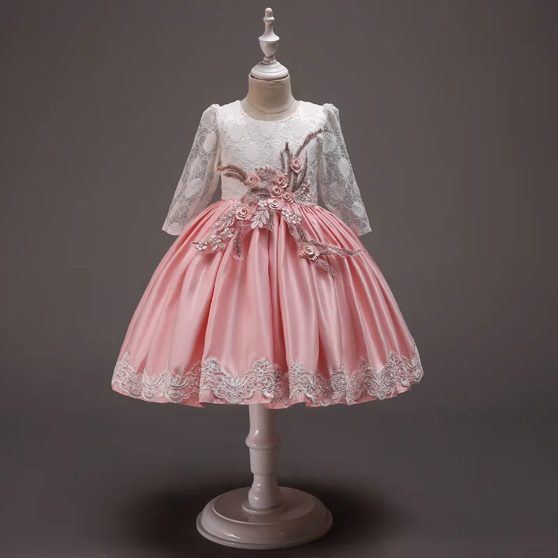

Elegant Flower Girls Dress Children Lace Sleeves Satin Party Dress with Applique Formal Kids Dancing Clothing