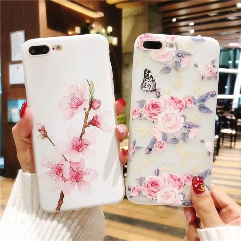 

2 pcs Peach Floral Matte Soft Silicone Cover For iPhone 6 6S 6Plus 7 7plus 8 8 plus Soft Transparent Phone Cases For iPhone X