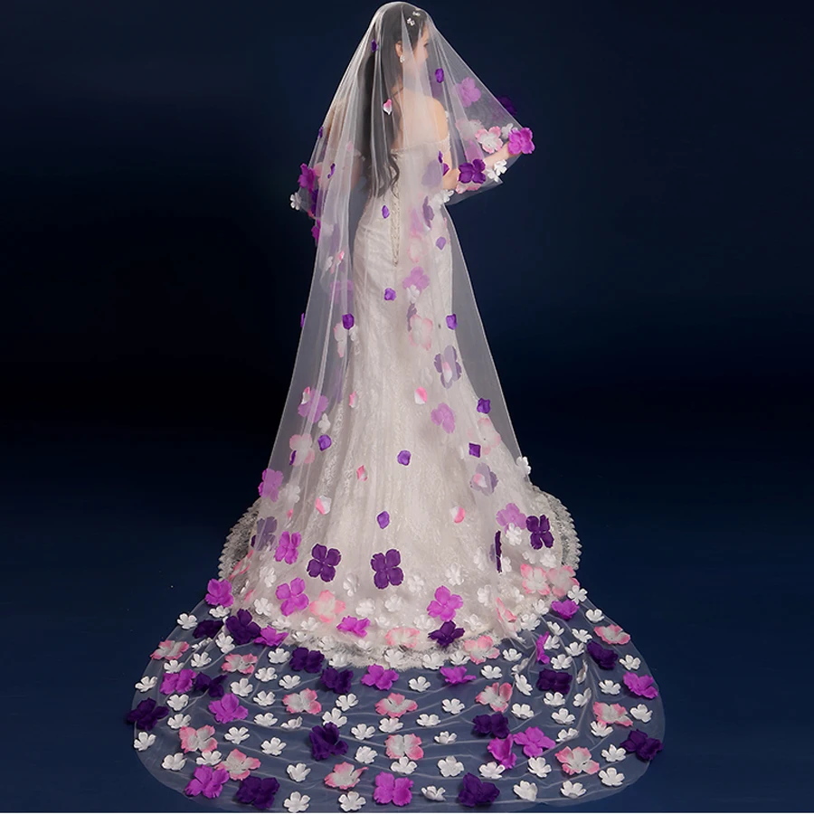 

Wedding veil 2018 new lace flowers purple white 3M veu de noiva longo real photo voile mariage cheap wedding accessories wholesa