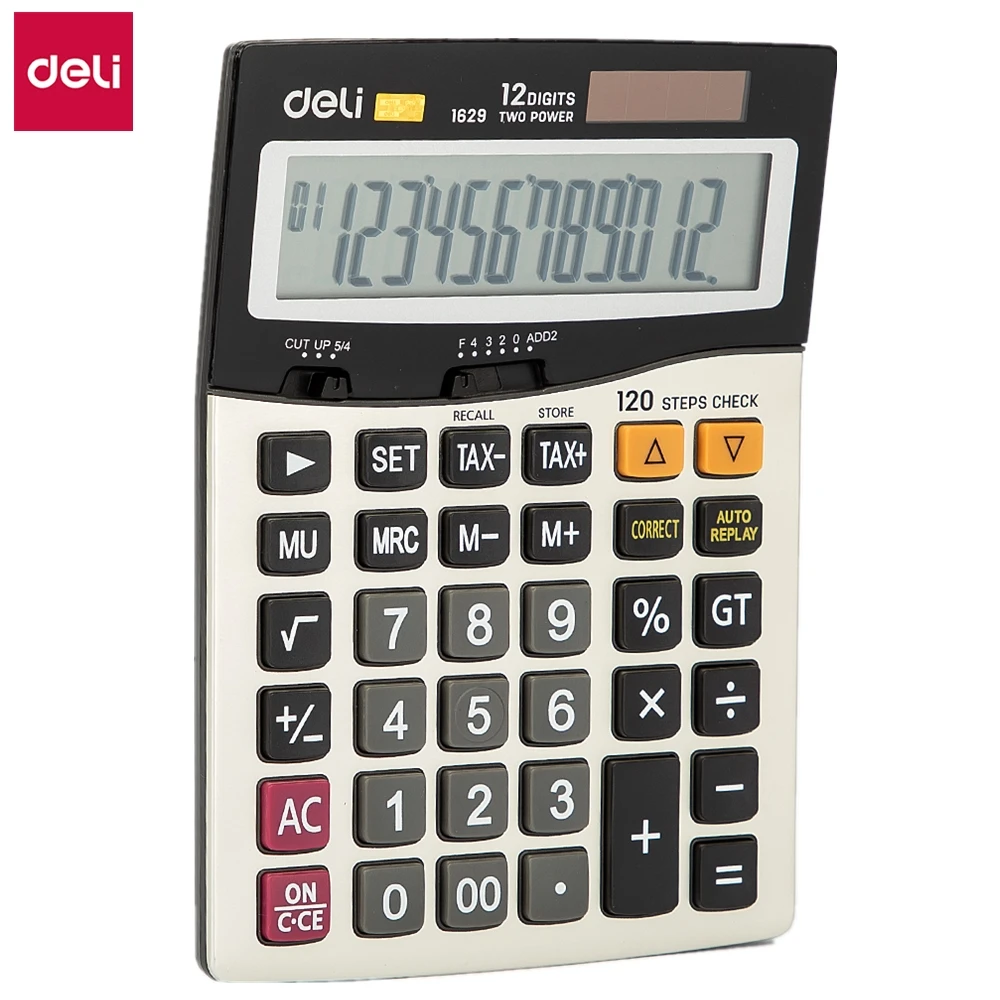 

Deli E1629 Calculator - 120-check Tax Calculator 12-digit - Battery & Solar Dual power - Metal Surface