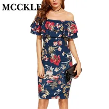 MCCKLE 2017 Elegant Woman Short Sleeve Multicolor Floral Print Off The Shoulder Ruffle Sheath Dresses summer beach dress