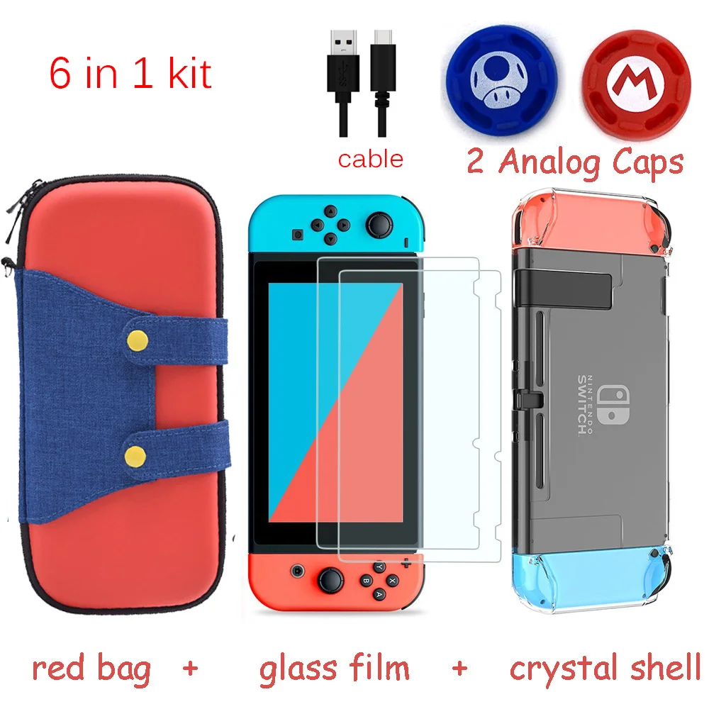 

6 in 1 Games Console Storage Bag for Nintend Switch NS Case for Nintendo Switch +Hard Shell + Tempered Glass Film + 2 Grip Caps