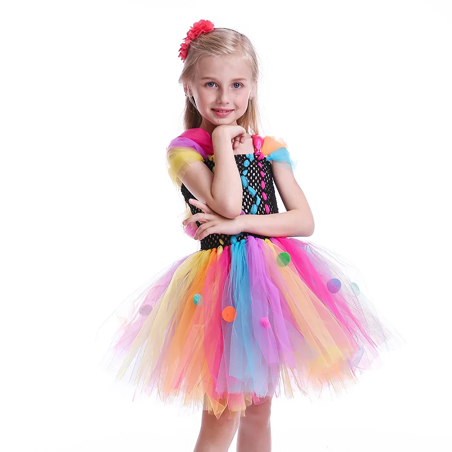 Girls Rainbow Fancy Halloween Tutu Dress Princess Handmade Multi Coloured Tulle Clothing Children Cosplay Clown Pageant Costume (3)