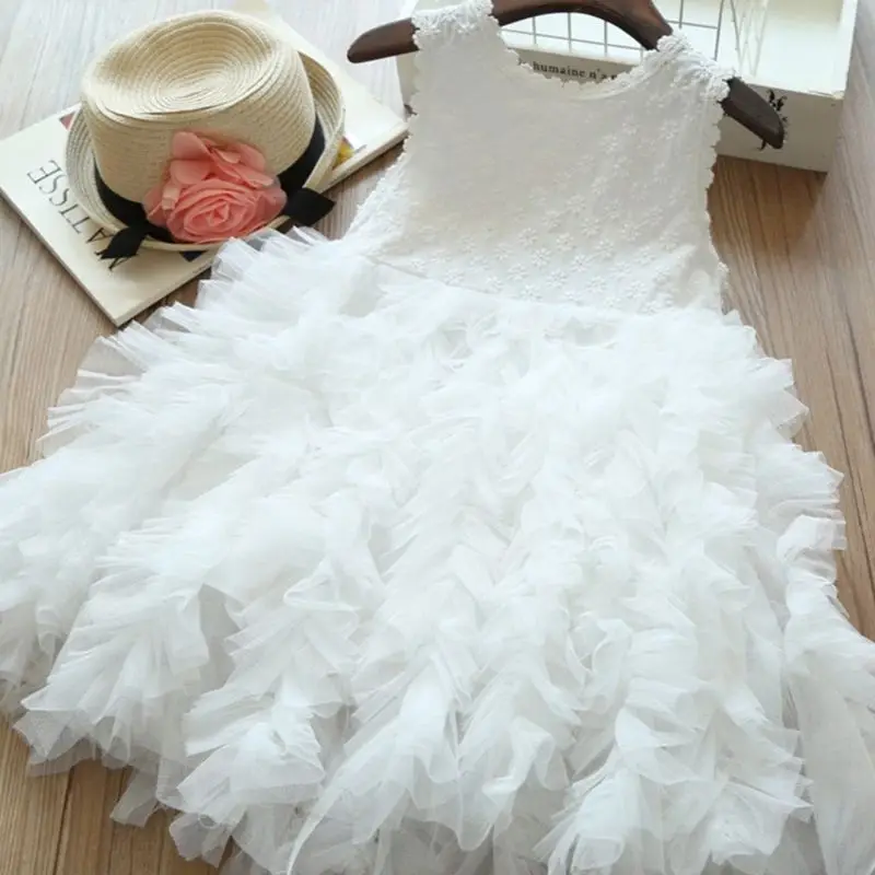 

Children Fairy Princess Sleeveless Fluffy Cake Mesh Dress Toddler Baby Girl Pleated Formal Party Gown Floral Birthday Costume