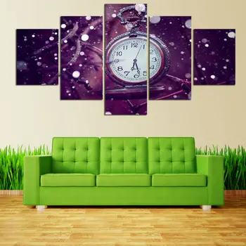 

5 Pcs Watch Canvas Painting Purple Background Clock Wall Art Pictures for Living Room Decor Cuadros Prints Pictures Hot Sale