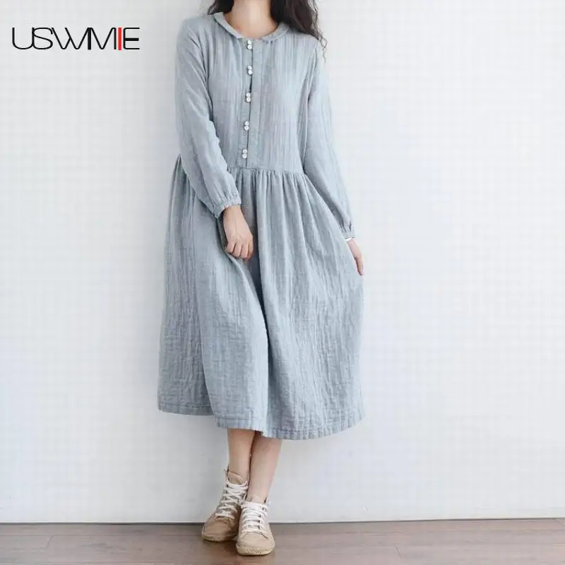 

Vestidos Women Dresses 2018 Spring Spring Pleated Single-Breasted Mori Girl Dress Causal Loose Swing Women Cotton Linen Dress