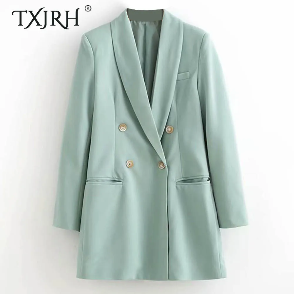 

TXJRH Stylish 2019 Autumn Mint Green Double-breasted Buttons Blazer Boyfriend Style Fashion Women Mid Long Suit Coat Tops Femme