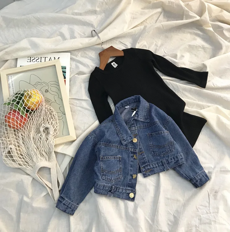 WLG/Весенний комплект одежды для девочек, синяя джинсовая куртка для девочек и черное платье, комплект модной одежды для малышей от 3 до 7 лет