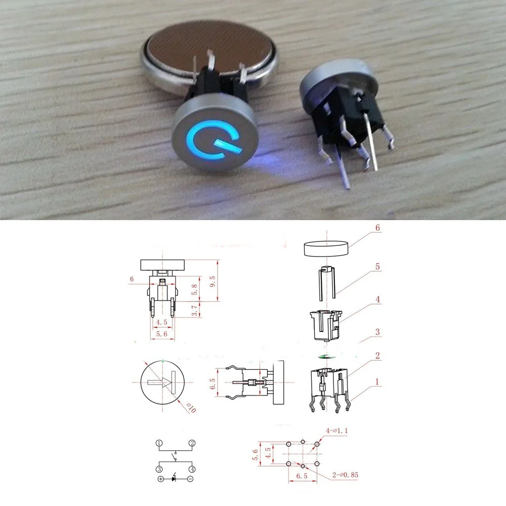 

5pcs Blue LED 10mm Cap Power 12V 50mA Momentary Tact Push Button Switch