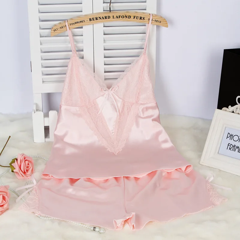 New Pyjama Femme V Neck Lace Women Sleepwear Set Sexy Sling Silk Pajamas Short Pijama Set Pijama Plus Size Nightwear 49 (2)