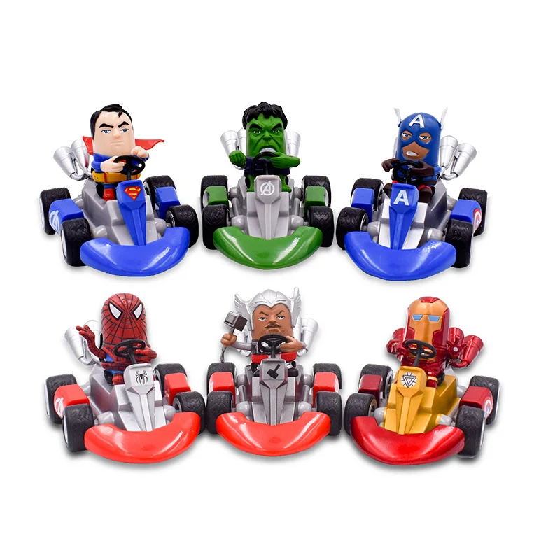 6 Styles Western Animiation Kart Pull Back Car Iron Man Superman Captain Thor Hulk PVC Action Figure Doll Collectible Model Toy 