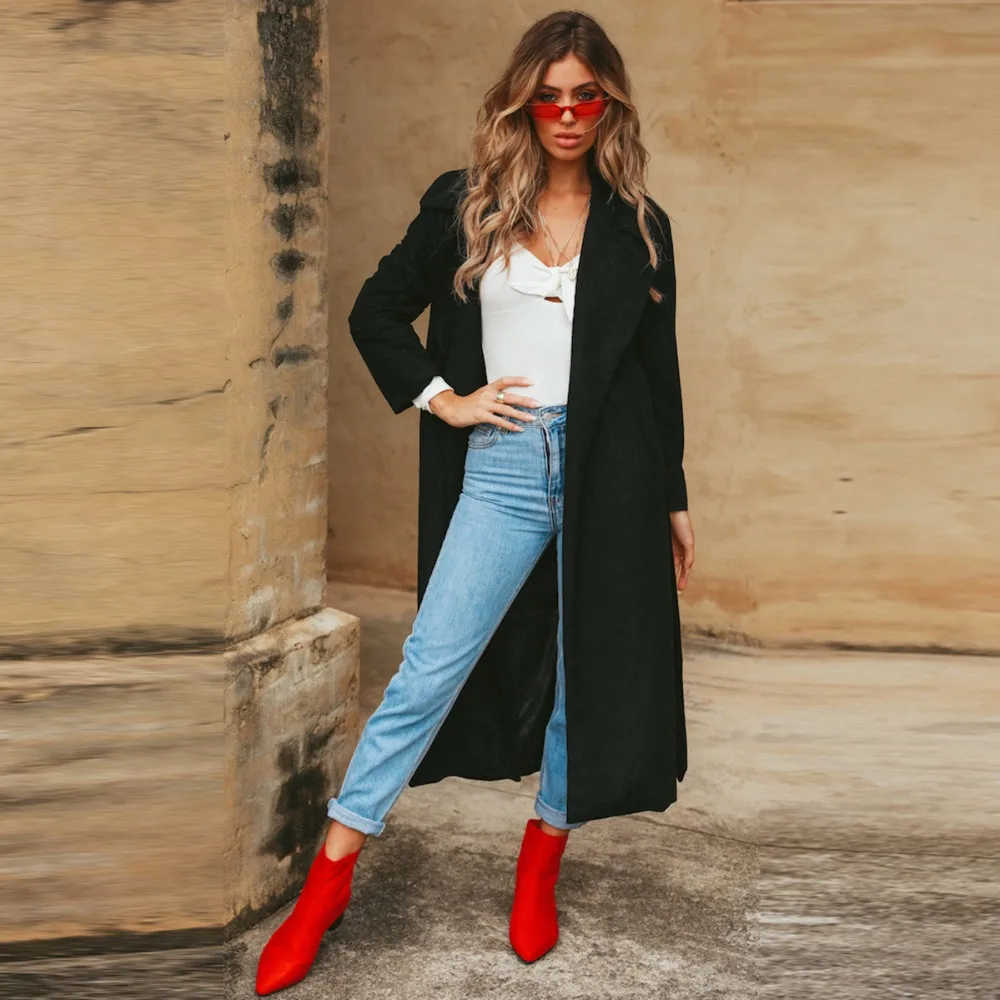 Femmes Faux Ceinturée Outwear Picture Manteaux Longueur Automne Veau Noir Col Laine Dames As Manches À Formelle Élégant Entaillé Longues Pour Midi Wrap Ol RWW4PqX