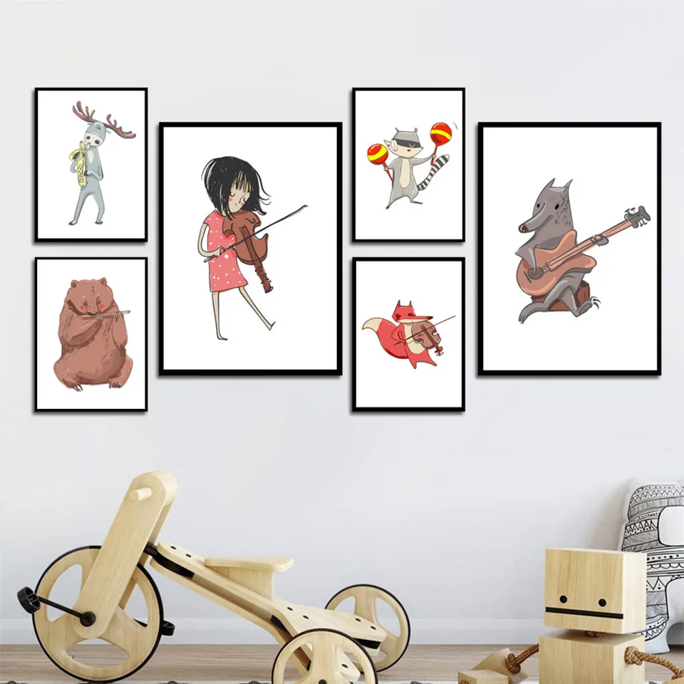 Современные Холст скандинавские принты мультфильм животных Музыкальные принадлежности для рисования домашний Декор стены искусства