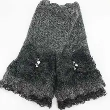 Зимние перчатки, женские перчатки, одноцветные, с кружевным бантом, двухслойные, плюс бархат, теплые, индивидуальные, без пальцев, вязаные шерстяные варежки, перчатки