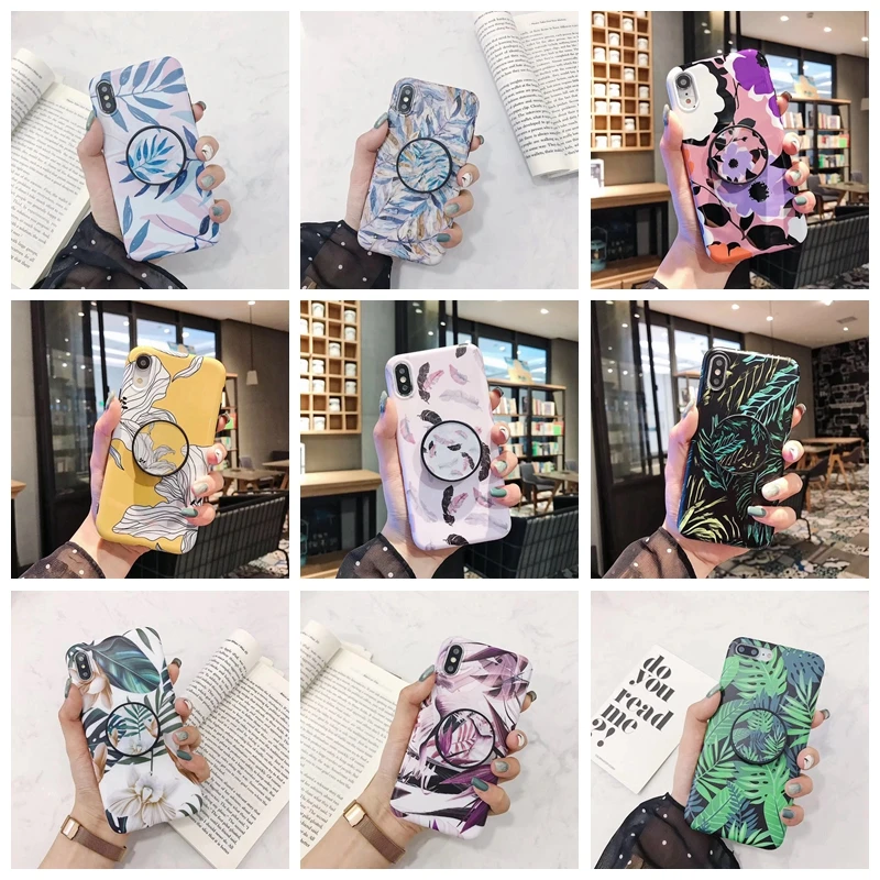 Flower and Leaf Folding Bracket Phone Case for Iphone 7 8 6 6s Plus Cover X S XR MAX Back Cases Capa Coque |