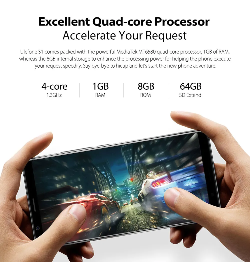 Ulefone S1 смартфон с 5 дюймовым дисплеем четырёхъядерным процессором MT6580 ОЗУ 3 ГБ ПЗУ