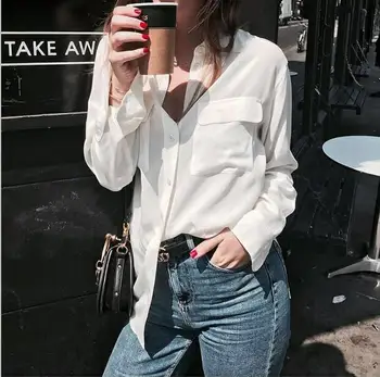 

Women Solid Color Cotton Shirt Double Pocket Long Sleeve Blouse Top New