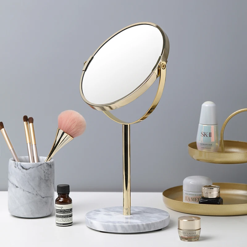

Modern Fashion Design Luxury Marble Base Rose Gold Color Loft Metal Steel Table Top Makeup Cosmetic Round Decorative Mirror