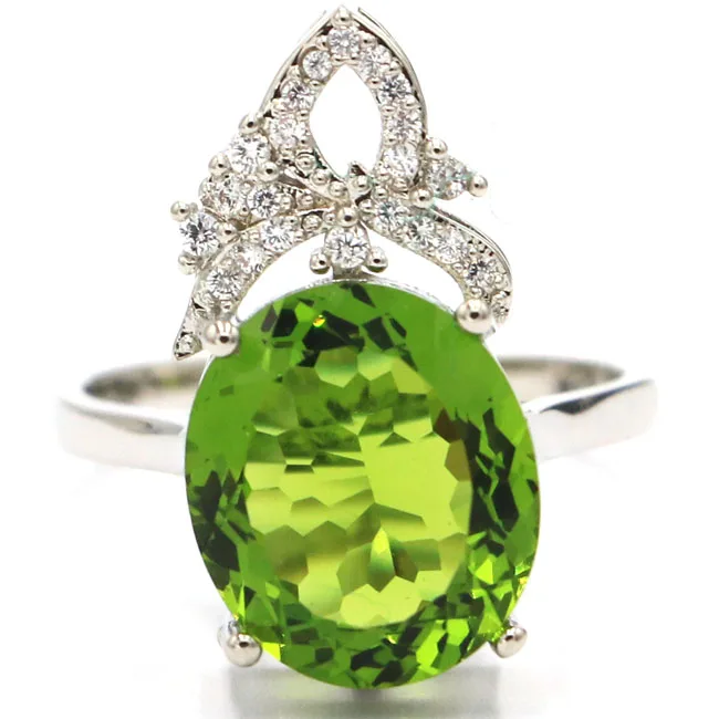 

US sz 7# Romantic Green Peridot White CZ Mother's Day 925 Silver Ring 24x12mm