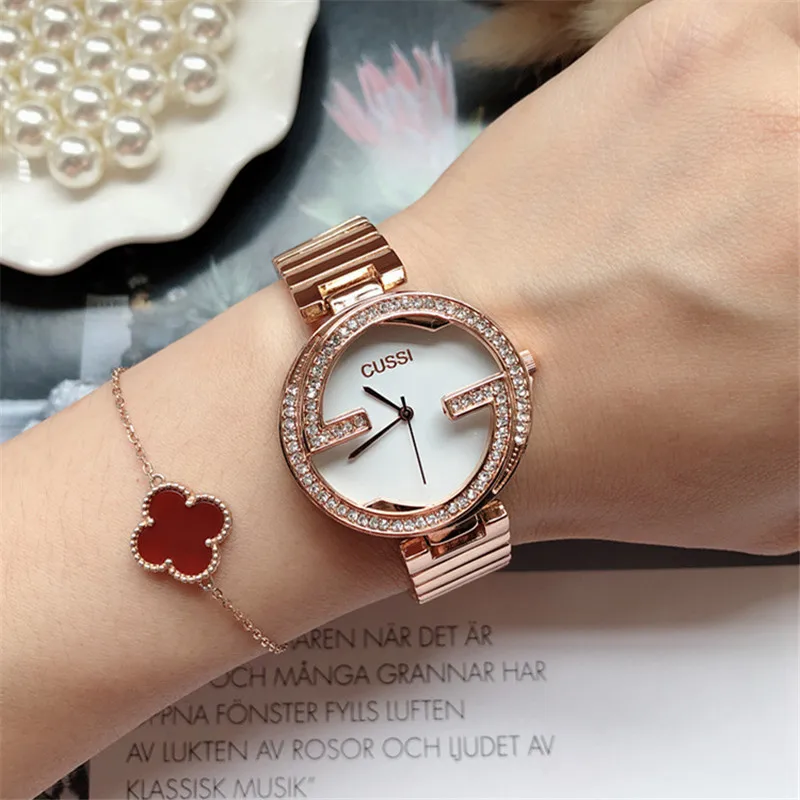 Cussi Роскошные Брендовые женские часы, серебряные часы со стразами, уникальный дизайн, женские часы-браслет, повседневные кварцевые наручные часы reloj mujer - Цвет: Rose Gold-white
