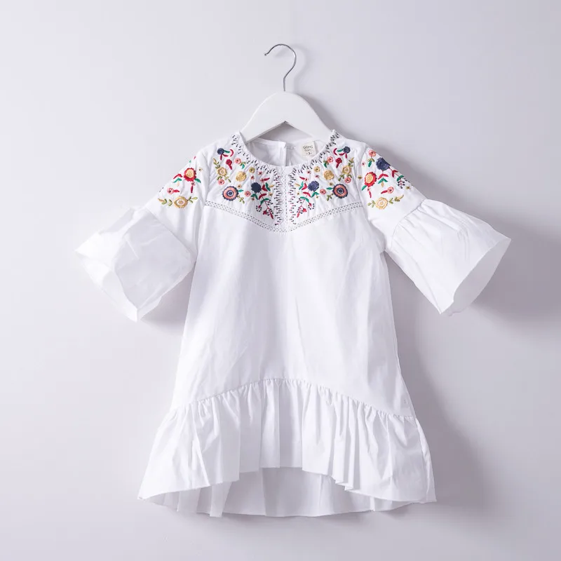 Летние Hurave Красочные цветы вышивка вырез лодочкой платье детский Фонарь рукавом платье Детские повседневные платья для маленьких девочек
