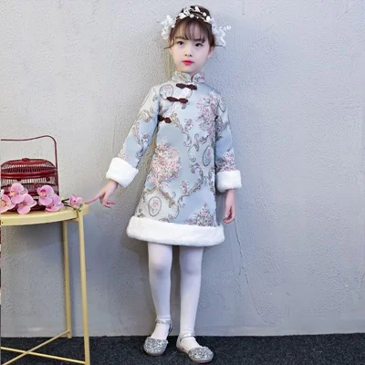 Qipao/Зимний китайский новогодний костюм для девочек теплое китайское платье с длинными рукавами и цветочным рисунком для маленьких девочек, платье Чонсам для детей, AA4420 - Цвет: 3