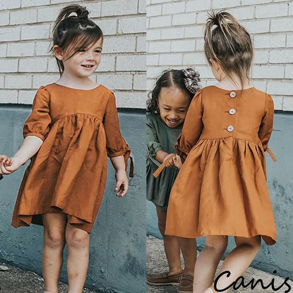 

Toddler Baby Girl Solid Half Sleeve Button Decor Princess Dress