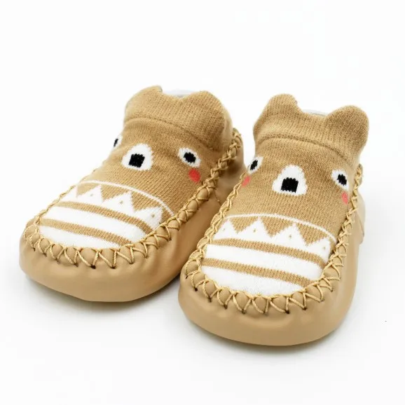 Детские пинетки, 1 пара мультяшный Противоскользящий носки-тапочки толстые теплые нескользящие носки на резиновой подошве, мягкие носки для новорожденных мальчиков и девочек - Цвет: khaki