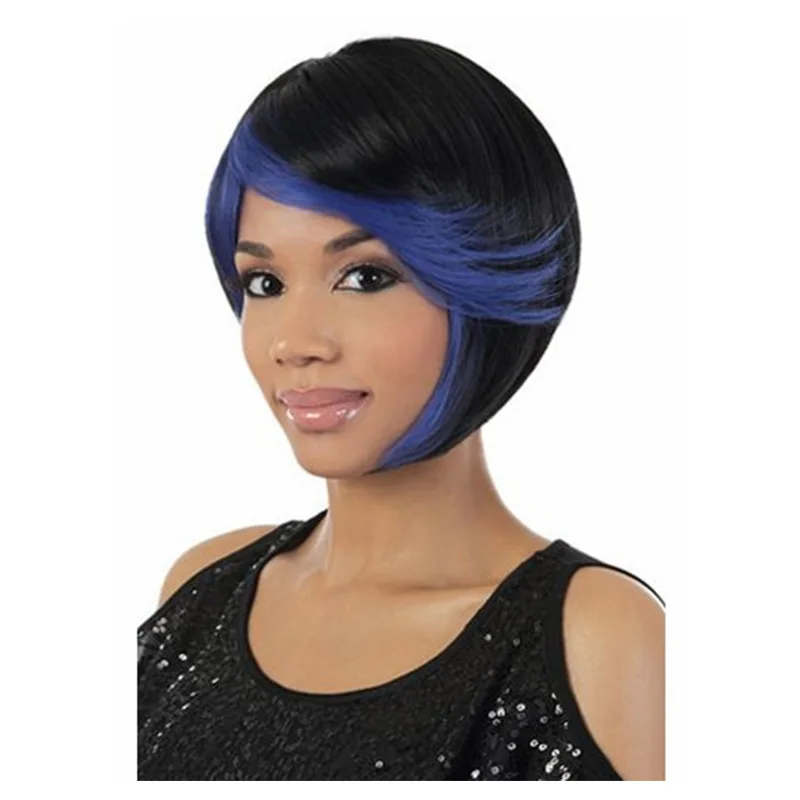 Womens Short Wavy Hair Ombre Blue Wigs Natural Hair Bob Cut Black