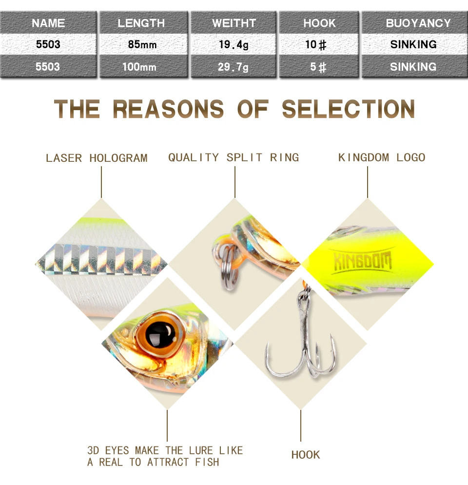 Kingdom Fishing Lures Hard Bait Slow Sinking Pencil 19.4g,85mm 29.7g,100mm Sea Bass China Artificial Lures Wobblers Model 5503 (3)