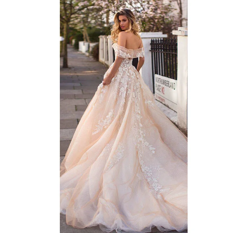 Милое Свадебное платье цвета шампань Vestido de Noiva Robe de Mariee с открытыми плечами с кружевом свадебное платье с аппликацией
