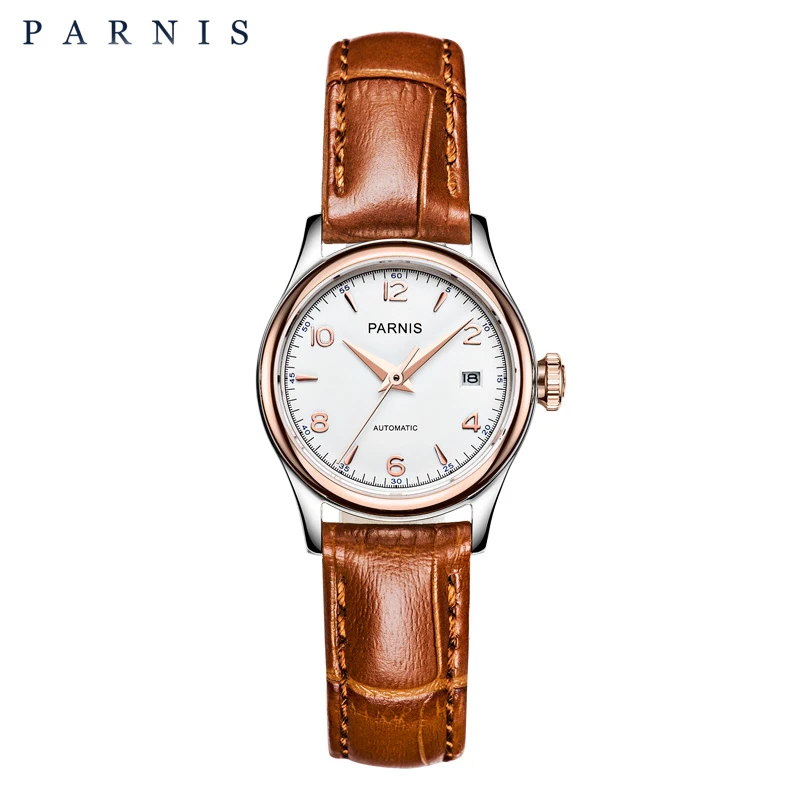 Часы Parnis механические Женские браслеты люксовый бренд 27 мм Сапфировая кожа золотые часы для женщин наручные часы для женщин PA2113 - Цвет: brown rose gold case