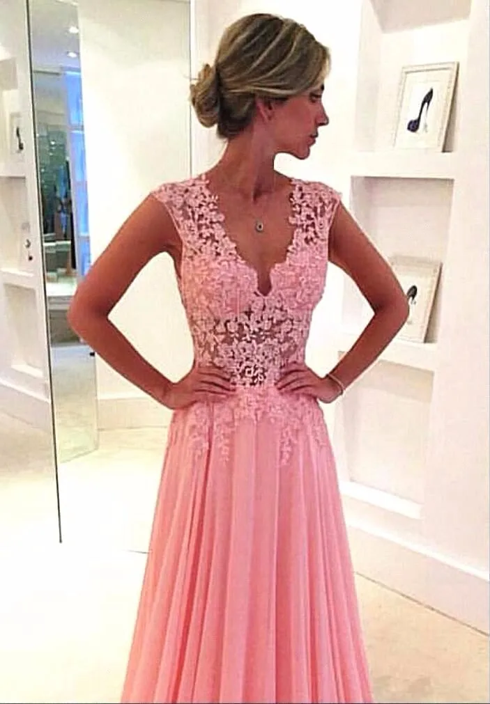 Прекрасный розовый v-образным вырезом Длинные шифоновое Dress2016 Sheer Вернуться Аппликации вечерние платья для девочек vestido de festa longo