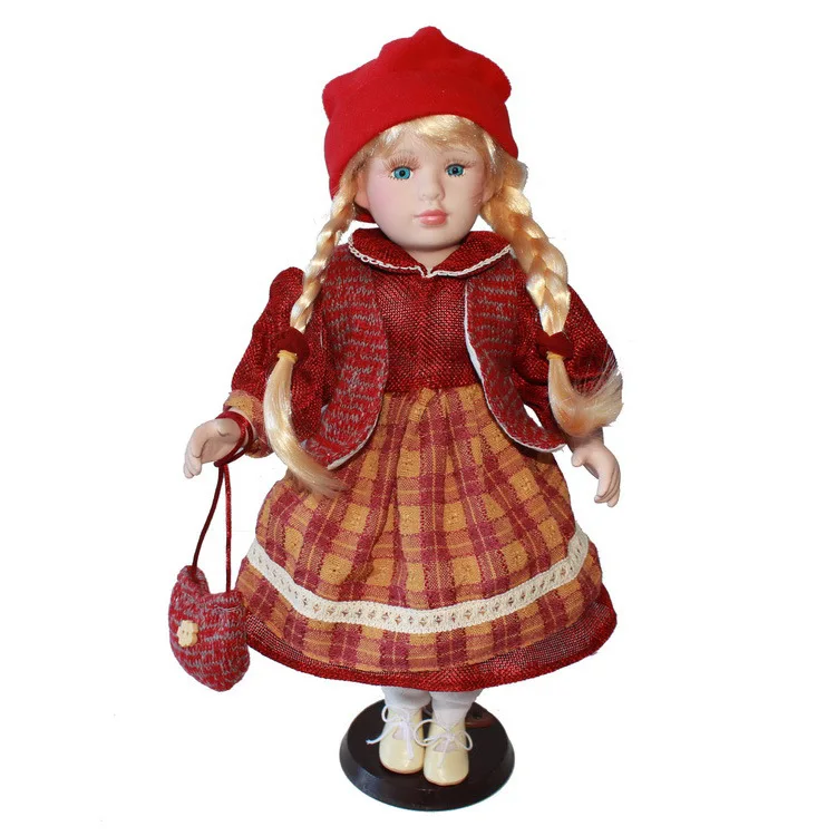 40cm Red Plaid Porcelain Girl Doll European Rural Field Village Ceramic