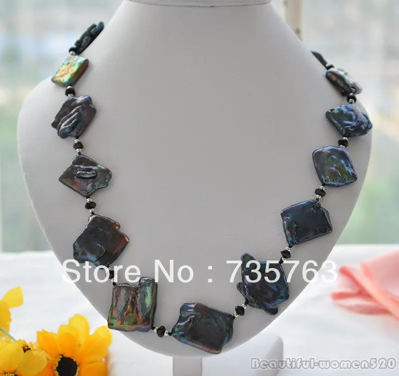 

HOT 00177 28mm BLACK square KESHI REBORN PEARL agate bead NECKLACE