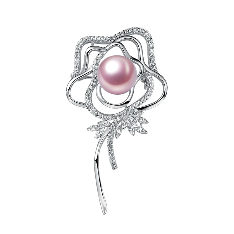 

Ladies Brooch in 925 sterling silver with high luster 10mm big natural pearls Rose design 2018 New arrivals women fine jewelry