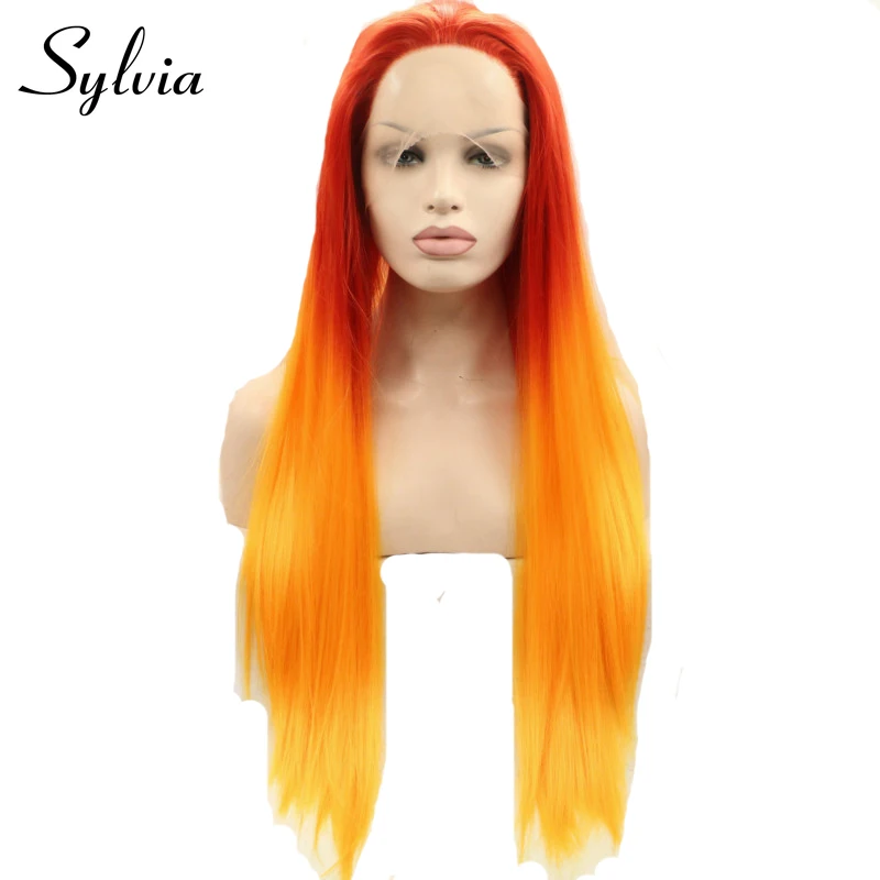 

Sylvia Natural Orange Ombre Long Silky Straight Synthetic Lace Front Wigs Glueless Heat Resistant Fiber Hair for Woman