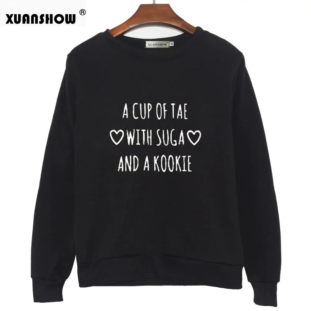 XUANSHOW, Модные свитшоты, осень, длинный рукав, чашка Tae с принтом Suga, пуловеры, Женская флисовая толстовка XXL - Цвет: Black