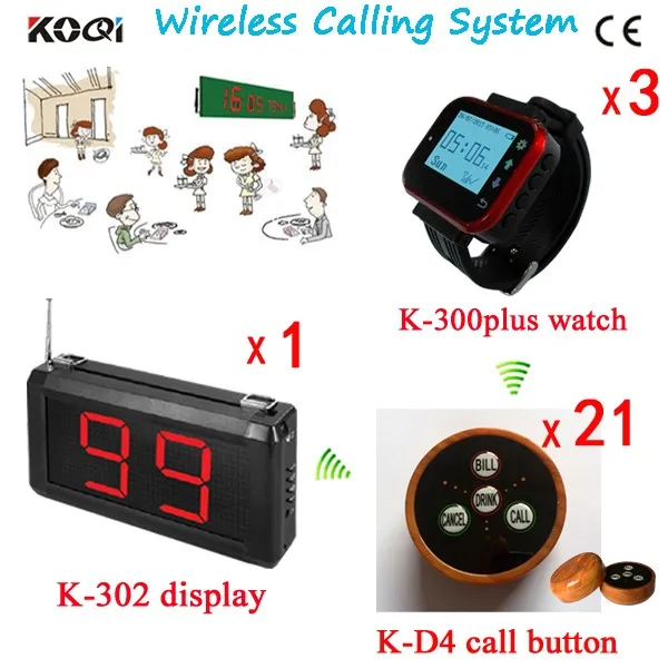 K-302+K-300plus-red+K-D4-wooden 1+3+21 Restaurant Buzzer Systems Paging System